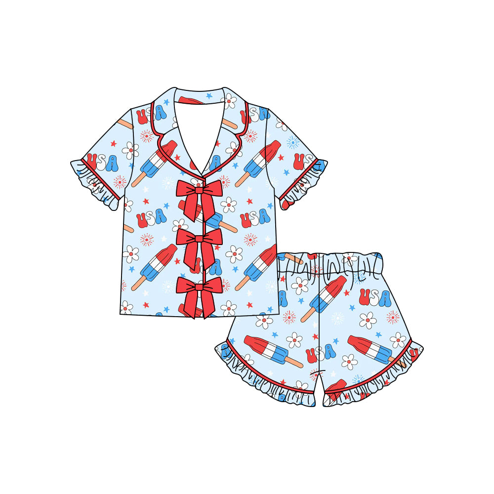 MOQ 5 PCS Preorder GSSO3369 4th of July USA Flower Red Bows Polo Short Sleeve Shorts Girls Pajama Sets 202602