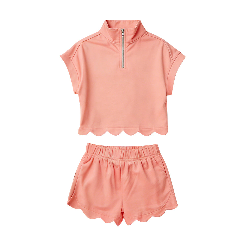 MOQ 5 PCS Preorder GSSO3374 Solid Orange Zip Collar Short Sleeve Ruffle Shorts Girls Sets 202602