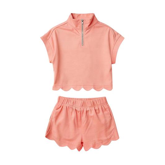 MOQ 5 PCS Preorder GSSO3374 Solid Orange Zip Collar Short Sleeve Ruffle Shorts Girls Sets 202602