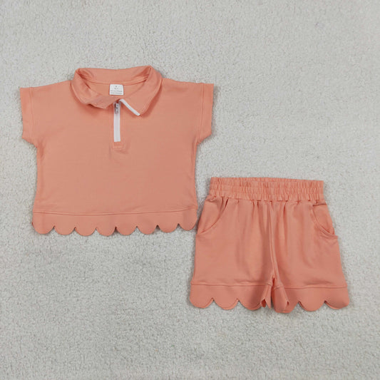 GSSO3374 Solid Orange Zip Collar Short Sleeve Ruffle Shorts Girls Sets 202605 RTS