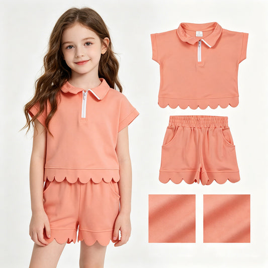 GSSO3374 Solid Orange Zip Collar Short Sleeve Ruffle Shorts Girls Sets 202605 RTS