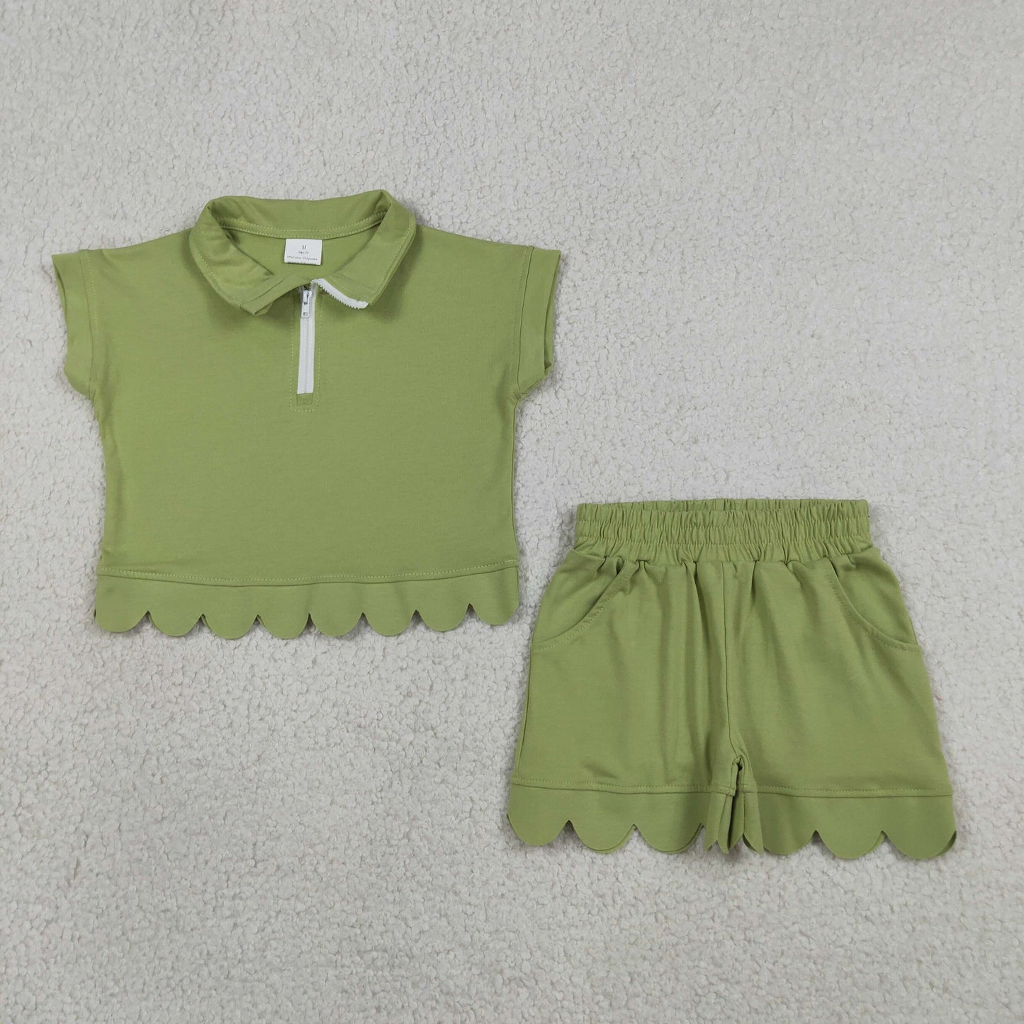 GSSO3375 Solid Light Green Zip Collar Short Sleeve Ruffle Shorts Girls Sets 202605 RTS
