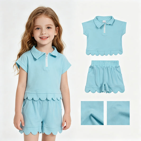 GSSO3376 Solid Light Blue Zip Collar Short Sleeve Ruffle Shorts Girls Sets 202605 RTS