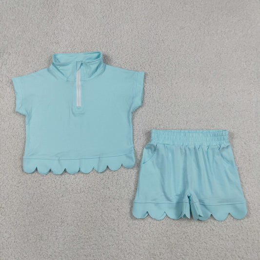 GSSO3376 Solid Light Blue Zip Collar Short Sleeve Ruffle Shorts Girls Sets 202605 RTS