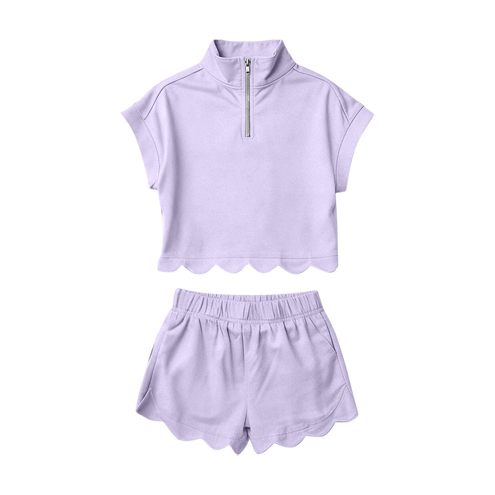 MOQ 5 PCS Preorder GSSO3377 Solid Light Purple Zip Collar Short Sleeve Ruffle Shorts Girls Sets 202602