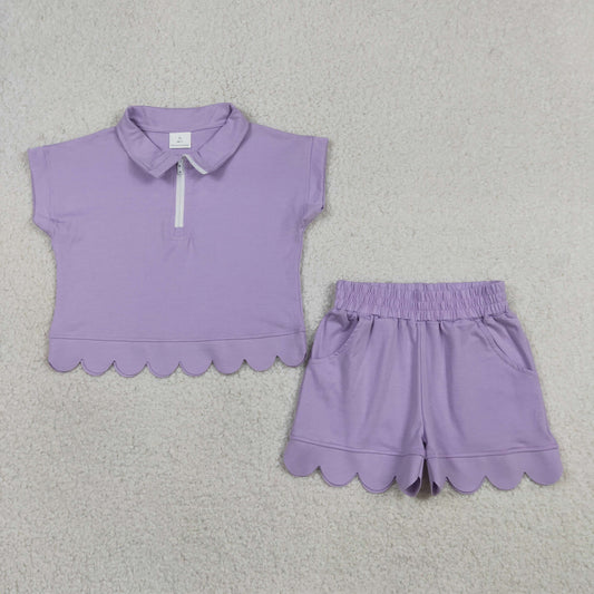 GSSO3377 Solid Light Purple Zip Collar Short Sleeve Ruffle Shorts Girls Sets 202605 RTS