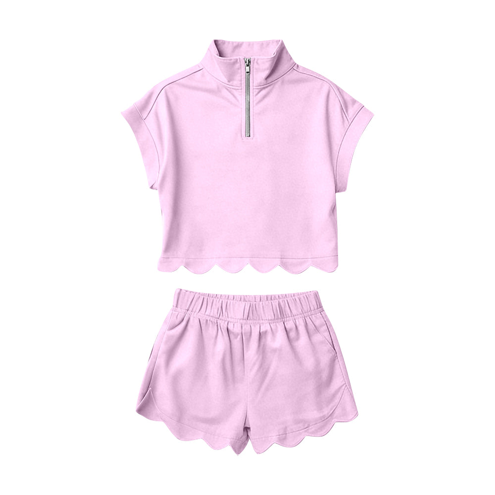 MOQ 5 PCS Preorder GSSO3378 Solid Light Pink Zip Collar Short Sleeve Ruffle Shorts Girls Sets 202602