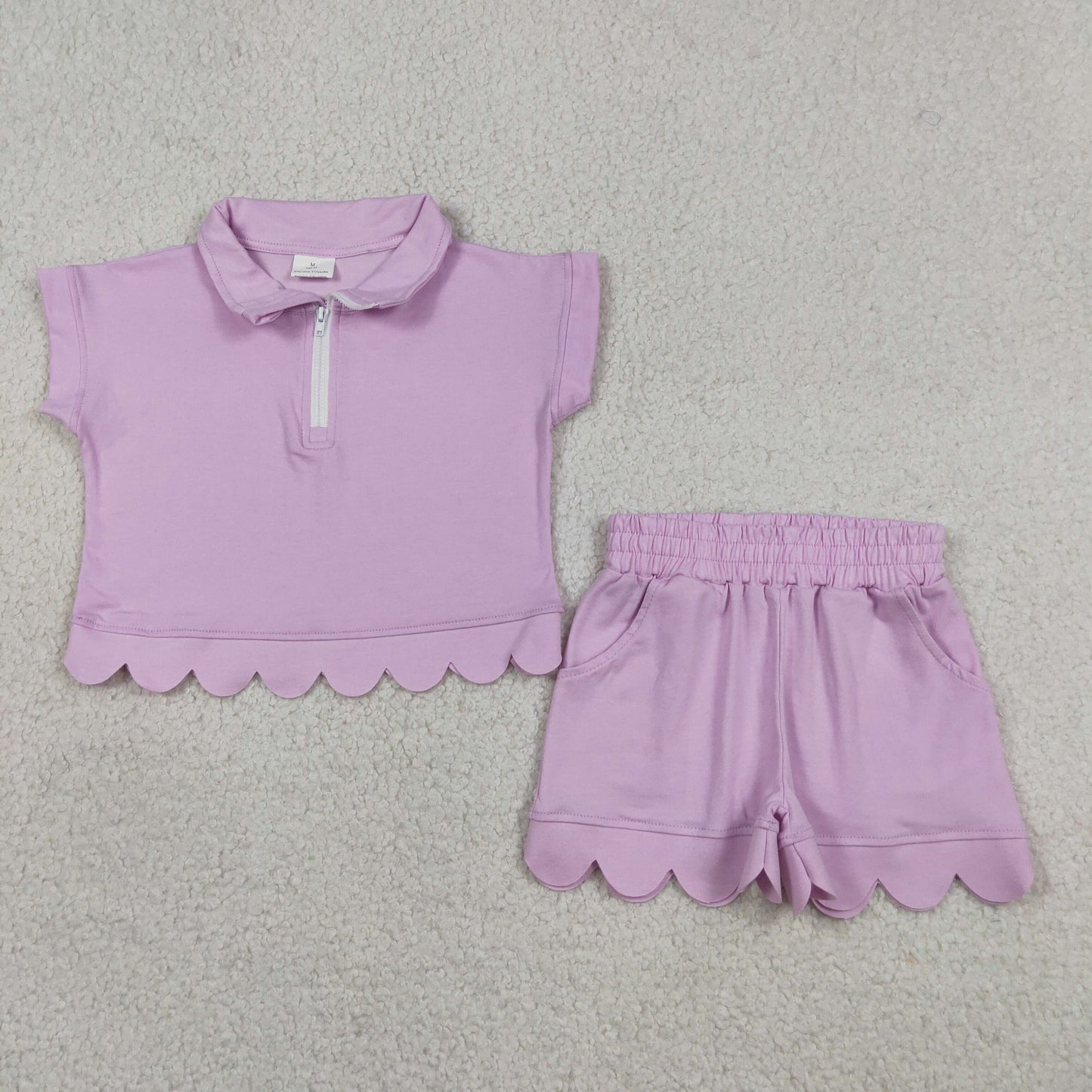 GSSO3378 Solid Pink Purple Zip Collar Short Sleeve Ruffle Shorts Girls Sets 202605 RTS