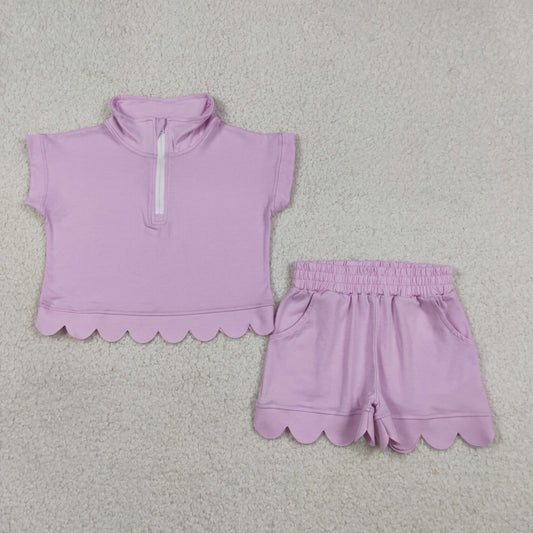 GSSO3378 Solid Pink Purple Zip Collar Short Sleeve Ruffle Shorts Girls Sets 202605 RTS