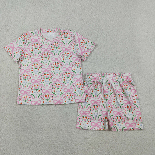 GSSO3379 Flower Pink Bows Short Sleeve Shorts Girls Sets 202603 RTS