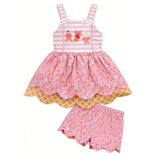 MOQ 5 PCS Preorder GSSO3382 Ice Cream Drip Waffle Pink Stripe Sleeveless Shorts Girls Sets 202602