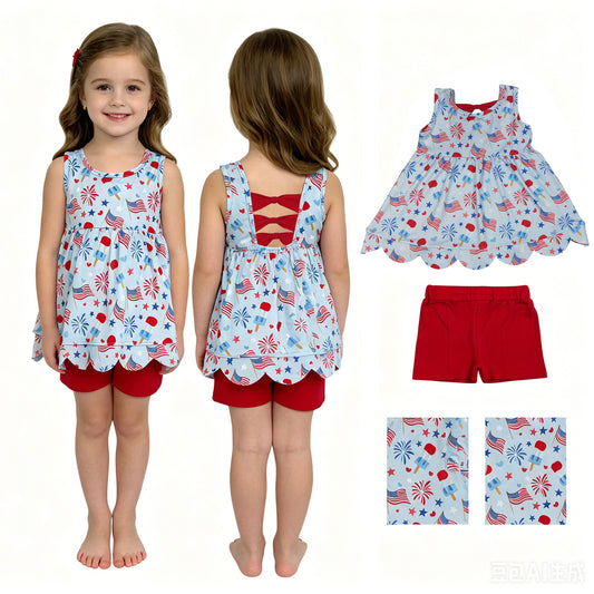 GSSO3386 4th of July Ice Cream Star Sleeveless Red Shorts Girls Sets 202605 RTS
