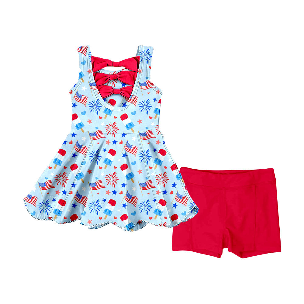 MOQ 5 PCS Preorder GSSO3386 4th of July Ice Cream Star Sleeveless Red Shorts Girls Sets 202602