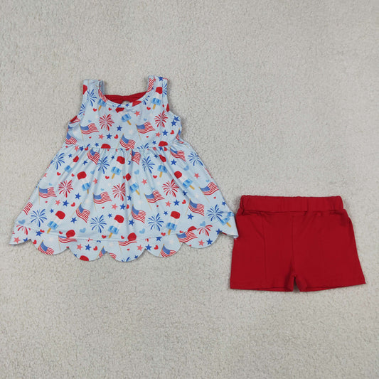 GSSO3386 4th of July Ice Cream Star Sleeveless Red Shorts Girls Sets 202605 RTS