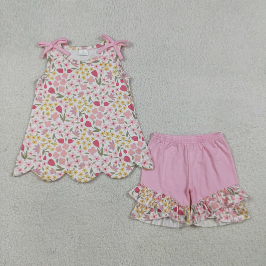 GSSO3389 Flower Pink Bows Wave Ruffle Sleeveless Shorts Girls Sets 202603 RTS