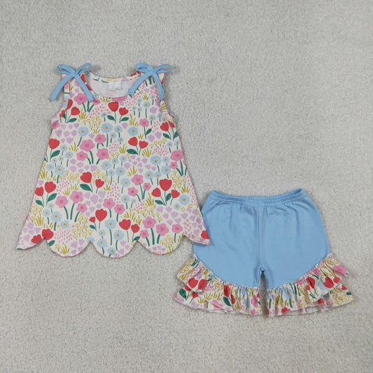 GSSO3390 Flower Blue Bows Sleeveless Ruffle Shorts Girls Sets 202604 RTS