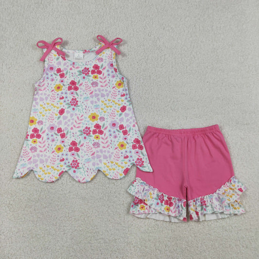 GSSO3391 Flower Leaf Rose Red Bows Sleeveless Ruffle Shorts Girls Sets 202603 RTS