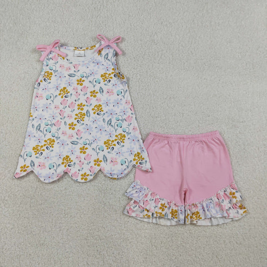 GSSO3392 Flower Leaf Pink Bows Sleeveless Ruffle Shorts Girls Sets 202603 RTS