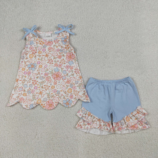 GSSO3393 Flower Leaf Blue Purple Bows Sleeveless Ruffle Shorts Girls Sets 202604 RTS