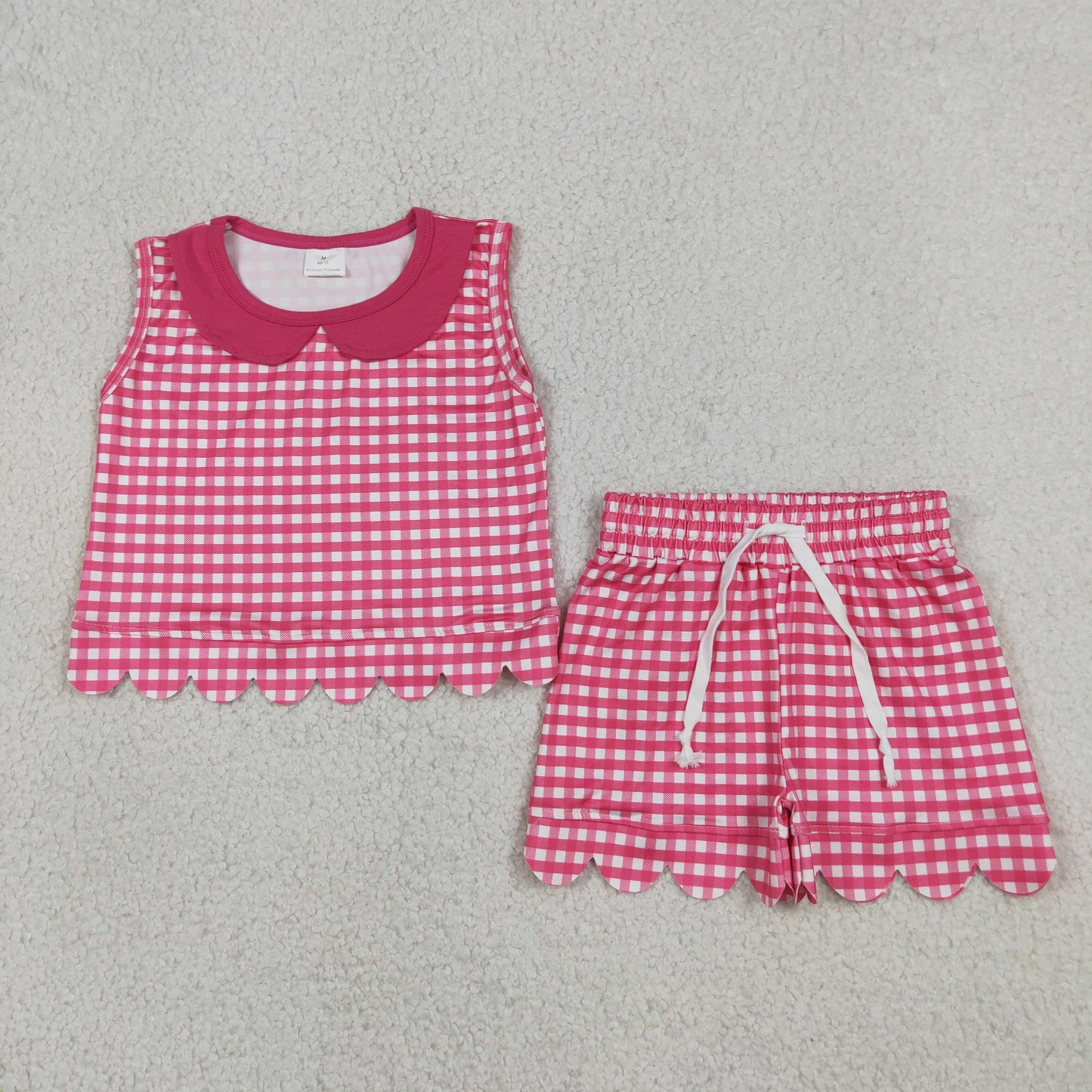 GSSO3395 Rose Red Plaid Doll Collar Sleeveless Shorts Girls Sets 202605 RTS