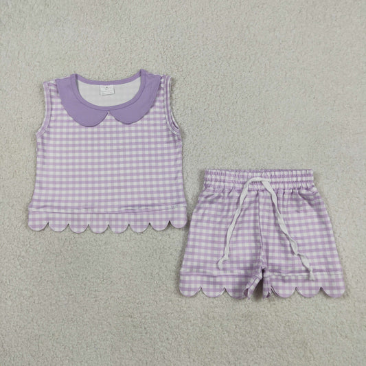 GSSO3396 Light Purple Plaid Doll Collar Sleeveless Shorts Girls Sets 202605 RTS