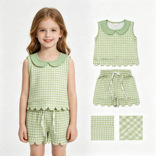 GSSO3398 Light Green Plaid Doll Collar Sleeveless Shorts Girls Sets 202605 RTS