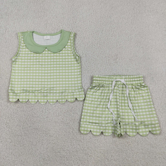 GSSO3398 Light Green Plaid Doll Collar Sleeveless Shorts Girls Sets 202605 RTS