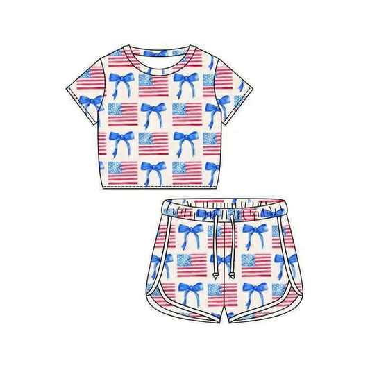MOQ 5 PCS Preorder GSSO3402 4th of July Flag Bows Short Sleeve Shorts Girls Sets 202602