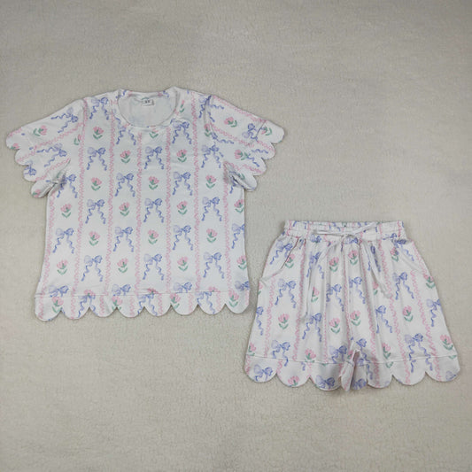 GSSO3405 Adult Female Flower Bows Ruffle Short Sleeve Shorts Sets 202604 RTS