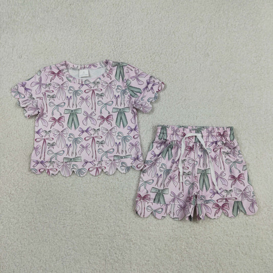 GSSO3409 Colored Bows Pink Ruffle Short Sleeve Shorts Girls Sets 202605 RTS