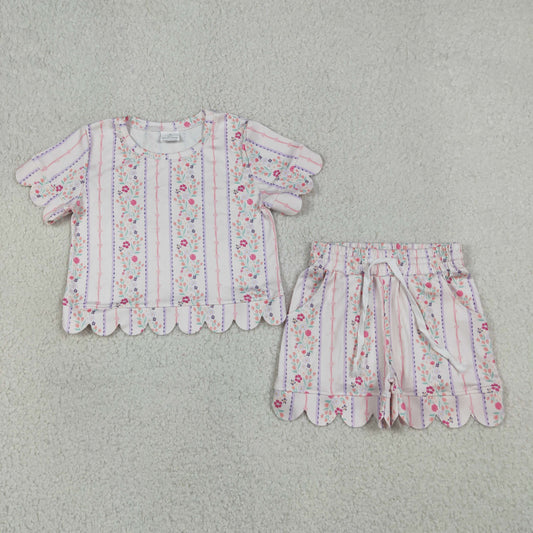 GSSO3411 Flower Leaf Pink Purple Stripe Ruffle Short Sleeve Shorts Girls Sets 202605 RTS