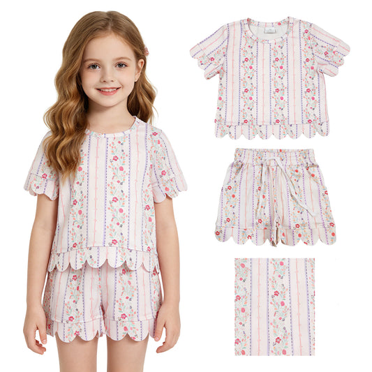 GSSO3411 Flower Leaf Pink Purple Stripe Ruffle Short Sleeve Shorts Girls Sets 202605 RTS