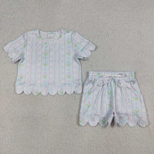 GSSO3412 Flower Leaf Pink Stripe Light Blue Ruffle Short Sleeve Shorts Girls Sets 202604 RTS