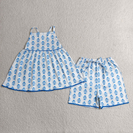 GSSO3416 Flower Blue White Halter Shorts Girls Sets 202606 RTS