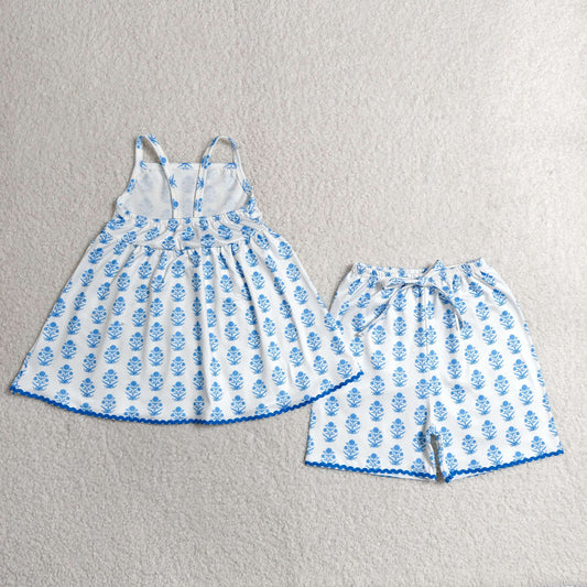 GSSO3416 Flower Blue White Halter Shorts Girls Sets 202606 RTS