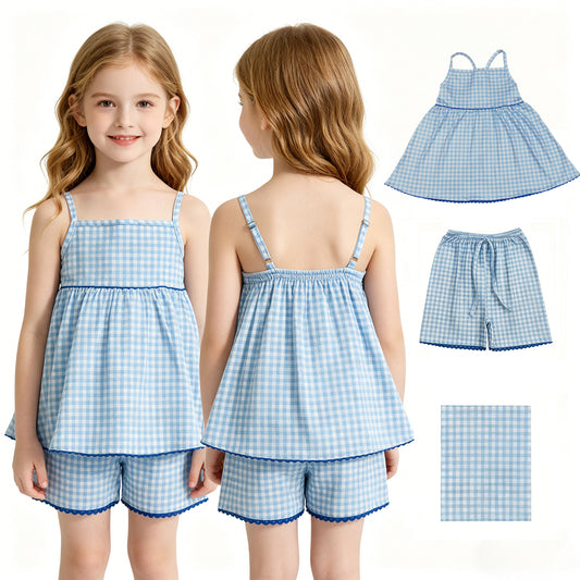 GSSO3418 Light Blue Plaid Halter Shorts Girls Sets 202604 RTS