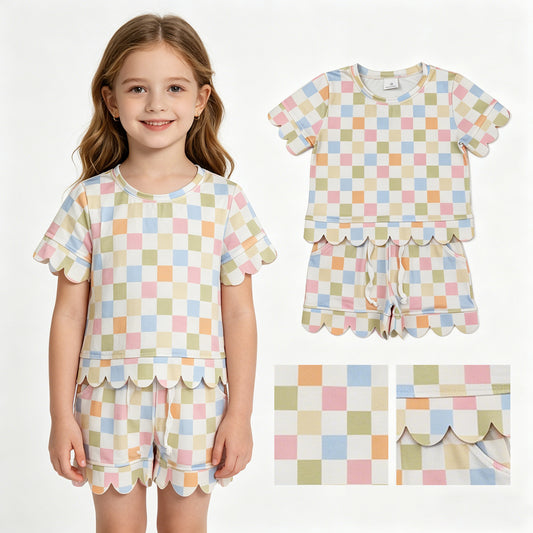 GSSO3419 Colored Plaid Ruffle Short Sleeve Shorts Girls Sets 202604 RTS