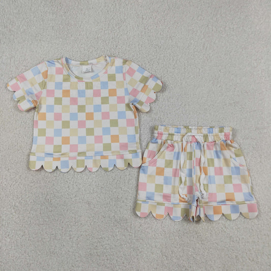 GSSO3419 Colored Plaid Ruffle Short Sleeve Shorts Girls Sets 202604 RTS
