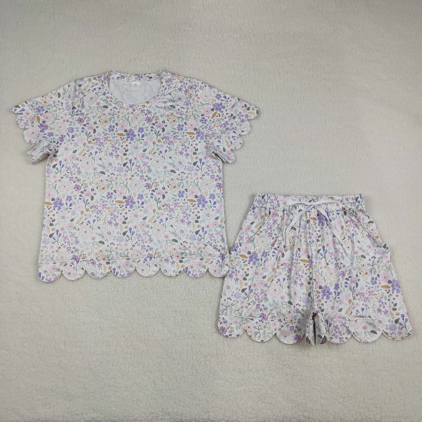 GSSO3420 Adult Female Purple Flower Leaf White Ruffle Short Sleeve Shorts Sets 202605 RTS