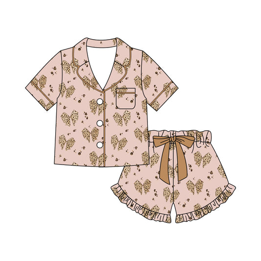 MOQ 5 PCS preorder GSSO3421 Adult Female Leopard Bows Pink Brown Buttons Polo Short Sleeve Shorts Pajama Sets 202602