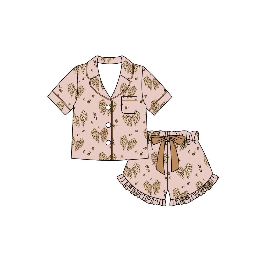 MOQ 5 PCS Preorder GSSO3422 Leopard Bows Pink Brown Buttons Polo Short Sleeve Shorts Girls Pajama Sets 202602