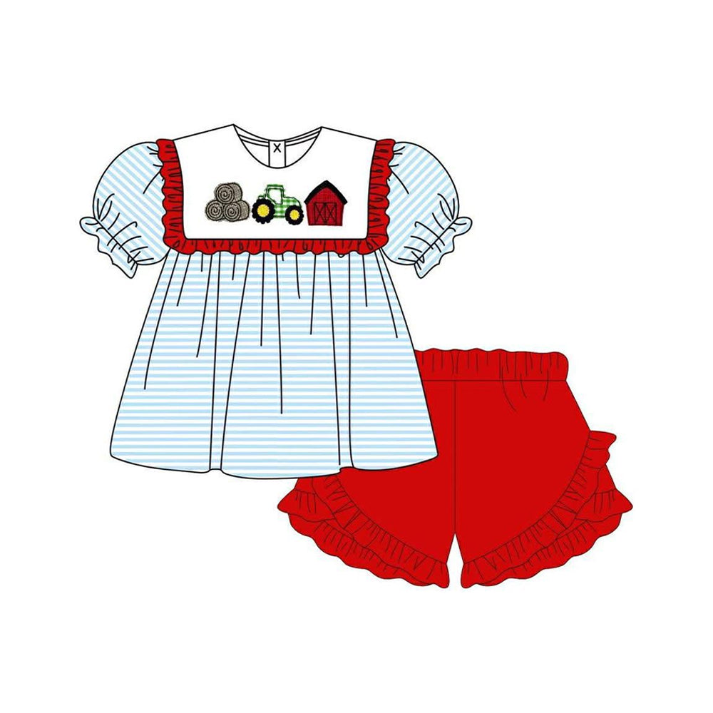 MOQ 5 PCS Preorder GSSO3424 Haystack Tractor Red House Blue Stripe Short Sleeve Red Ruffle Shorts Girls Sets 202602 Sibling