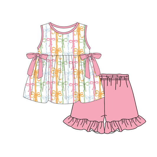 MOQ 5 PCS Preorder GSSO3425 Colored Bows Sleeveless Pink Ruffle Shorts Girls Sets 202602 Sibling