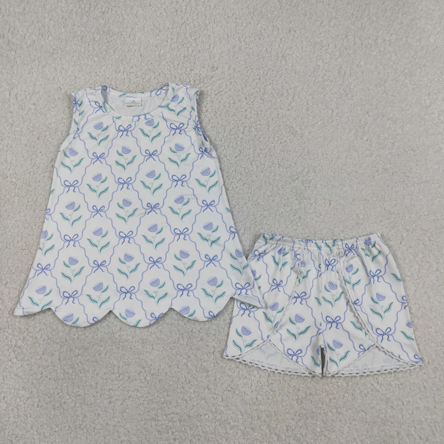 GSSO3426 Flower Bows Blue White Sleeveless Shorts Girls Sets 202604 RTS