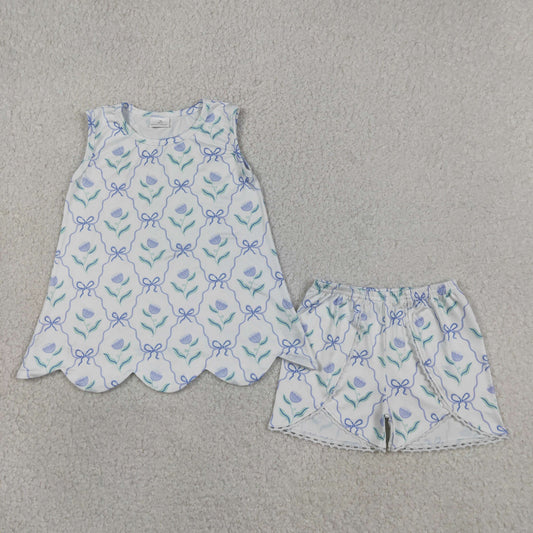 GSSO3426 Flower Bows Blue White Sleeveless Shorts Girls Sets 202604 RTS
