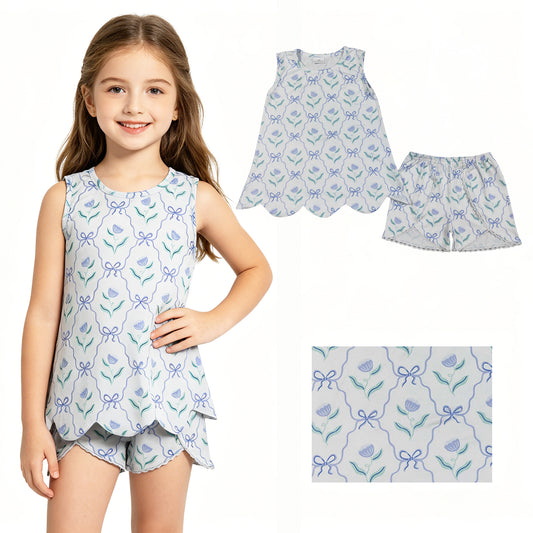 GSSO3426 Flower Bows Blue White Sleeveless Shorts Girls Sets 202604 RTS