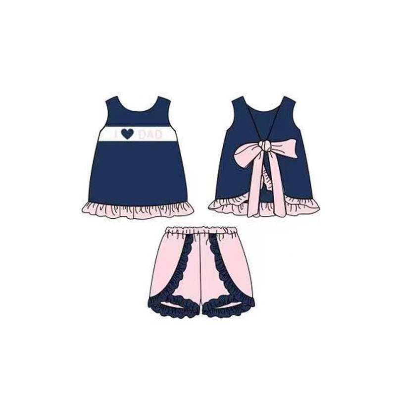 MOQ 5 PCS Preorder GSSO3428 I Love Dad Bows Pink Ruffle Sleeveless Shorts Girls Sets 202602