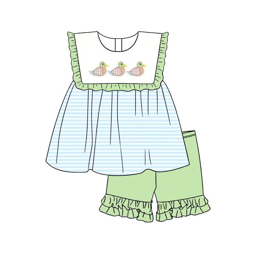 MOQ 5 PCS Preorder GSSO3431 Ducks Green Ruffle Blue Stripe Sleeveless Shorts Girls Sets 202602