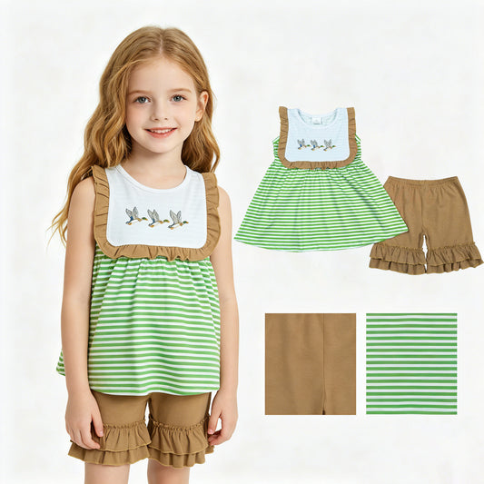 GSSO3432 Embroidered Duck Hunting Brown Ruffle Green Stripe Sleeveless Shorts Girls Sets 202604 RTS