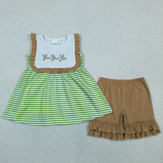 Sibling Matching Clothes Embroidered Duck Hunting Green Stripe Girls Boys Sets 202605 RTS